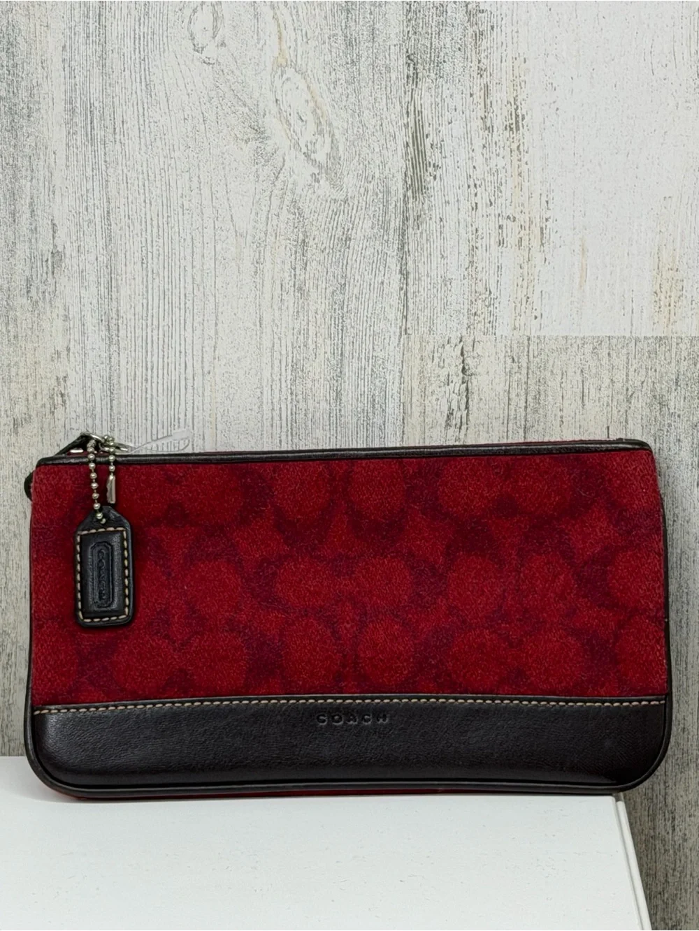 Coach Red and Brown Signature Zip Wristlet